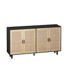 Meuble de rangement 4 portes en rotin – Naturel/noir, pieds en bois, étagère réglable