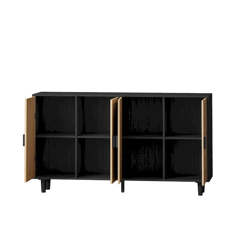 Meuble de rangement 4 portes en rotin – Naturel/noir, pieds en bois, étagère réglable
