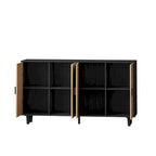 Meuble de rangement 4 portes en rotin – Naturel/noir, pieds en bois, étagère réglable