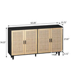 Meuble de rangement 4 portes en rotin – Naturel/noir, pieds en bois, étagère réglable