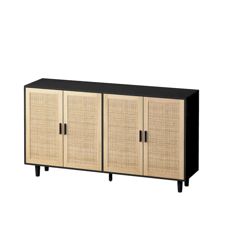 Meuble de rangement 4 portes en rotin – Naturel/noir, pieds en bois, étagère réglable