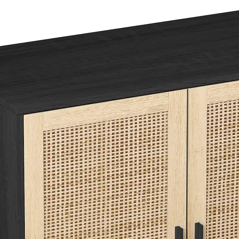 Meuble de rangement 4 portes en rotin – Naturel/noir, pieds en bois, étagère réglable