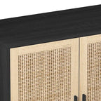 Meuble de rangement 4 portes en rotin – Naturel/noir, pieds en bois, étagère réglable