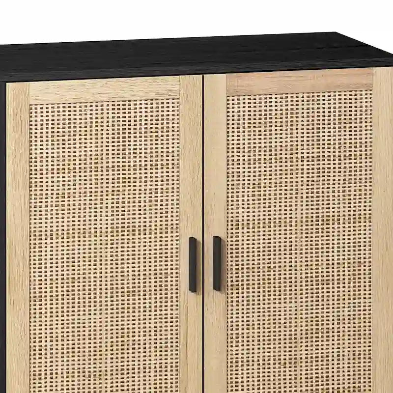 Meuble de rangement 4 portes en rotin – Naturel/noir, pieds en bois, étagère réglable