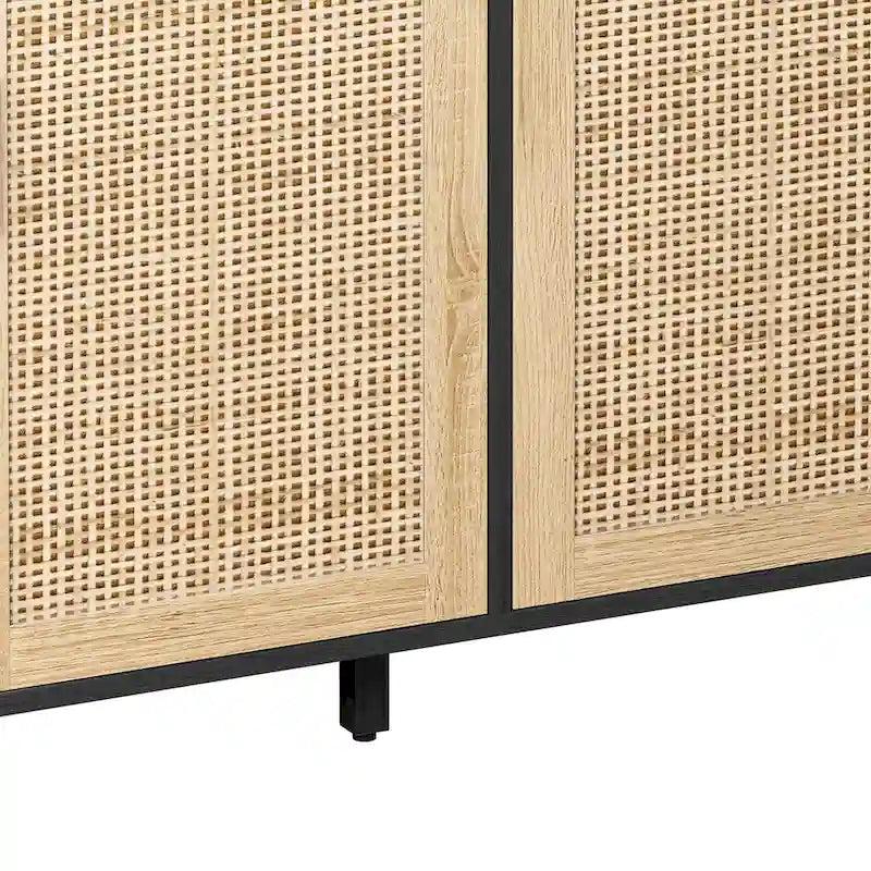 Meuble de rangement 4 portes en rotin – Naturel/noir, pieds en bois, étagère réglable