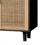 Meuble de rangement 4 portes en rotin – Naturel/noir, pieds en bois, étagère réglable