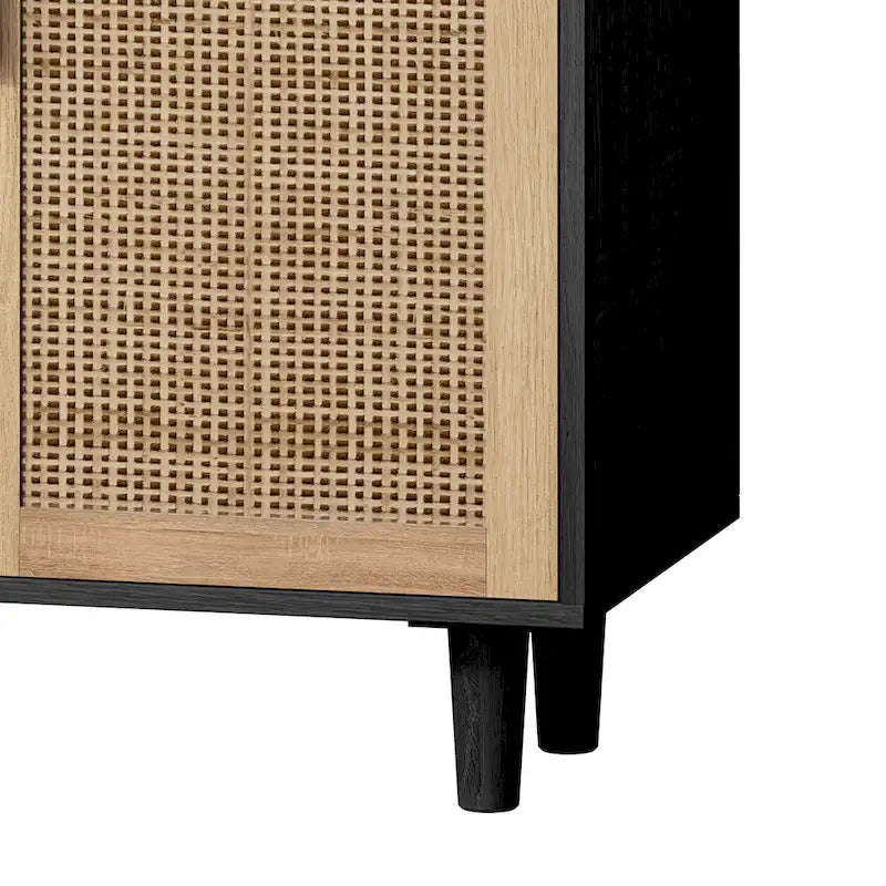 Meuble de rangement 4 portes en rotin – Naturel/noir, pieds en bois, étagère réglable
