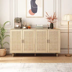 Meuble de rangement 4 portes en rotin – Naturel/noir, pieds en bois, étagère réglable