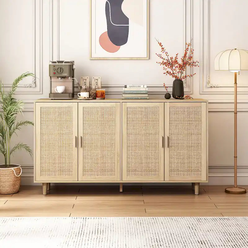 Meuble de rangement 4 portes en rotin – Naturel/noir, pieds en bois, étagère réglable