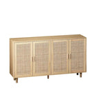 Meuble de rangement 4 portes en rotin – Naturel/noir, pieds en bois, étagère réglable