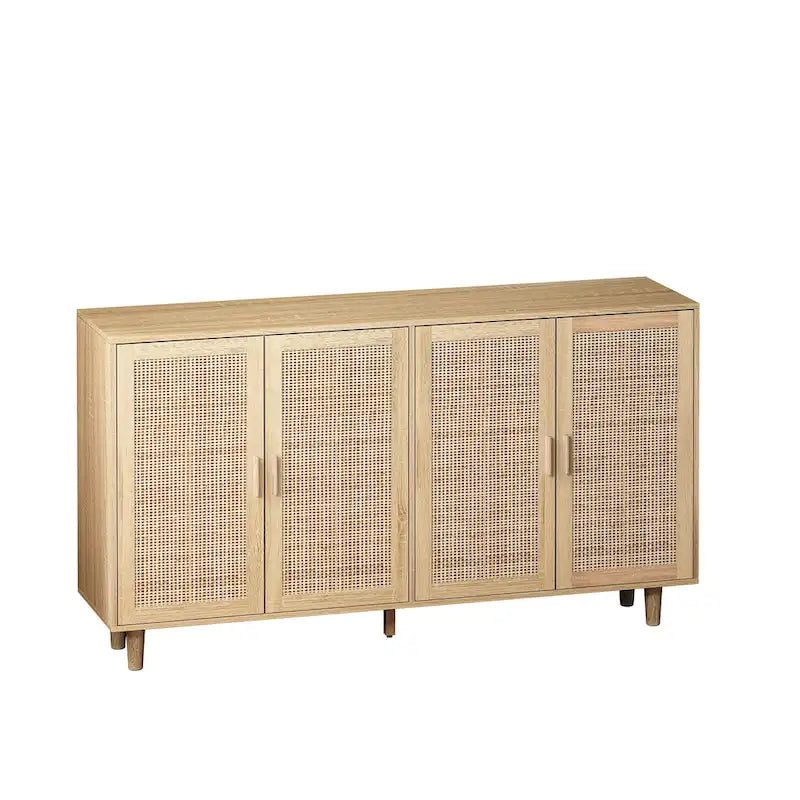 Meuble de rangement 4 portes en rotin – Naturel/noir, pieds en bois, étagère réglable