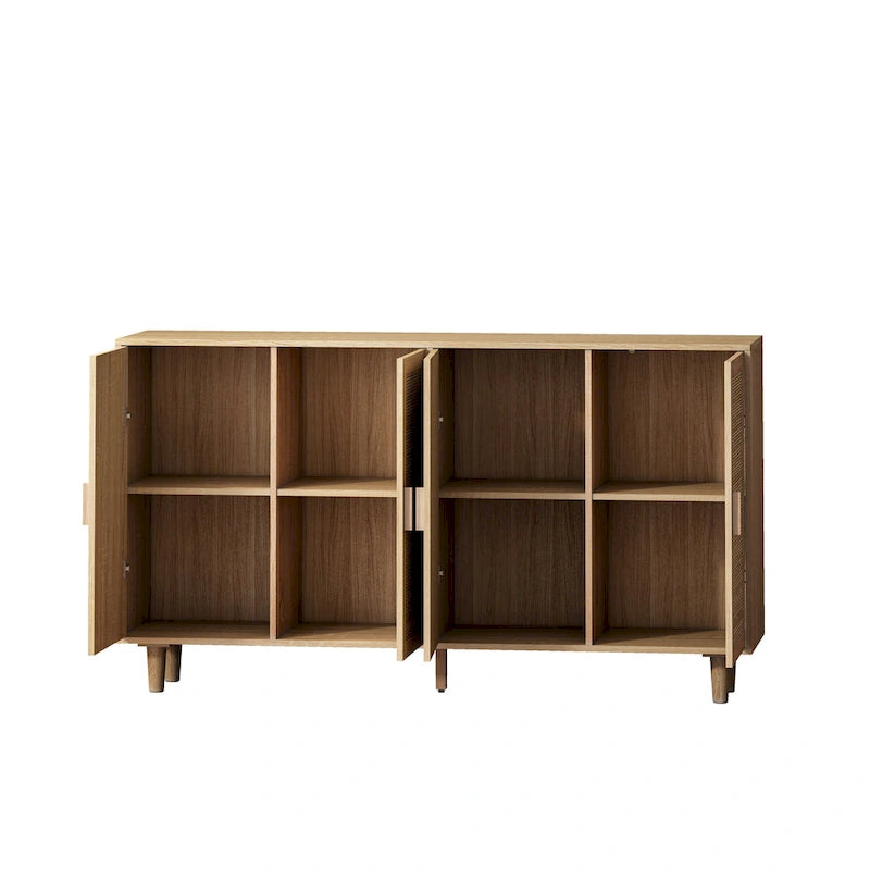 Meuble de rangement 4 portes en rotin – Naturel/noir, pieds en bois, étagère réglable