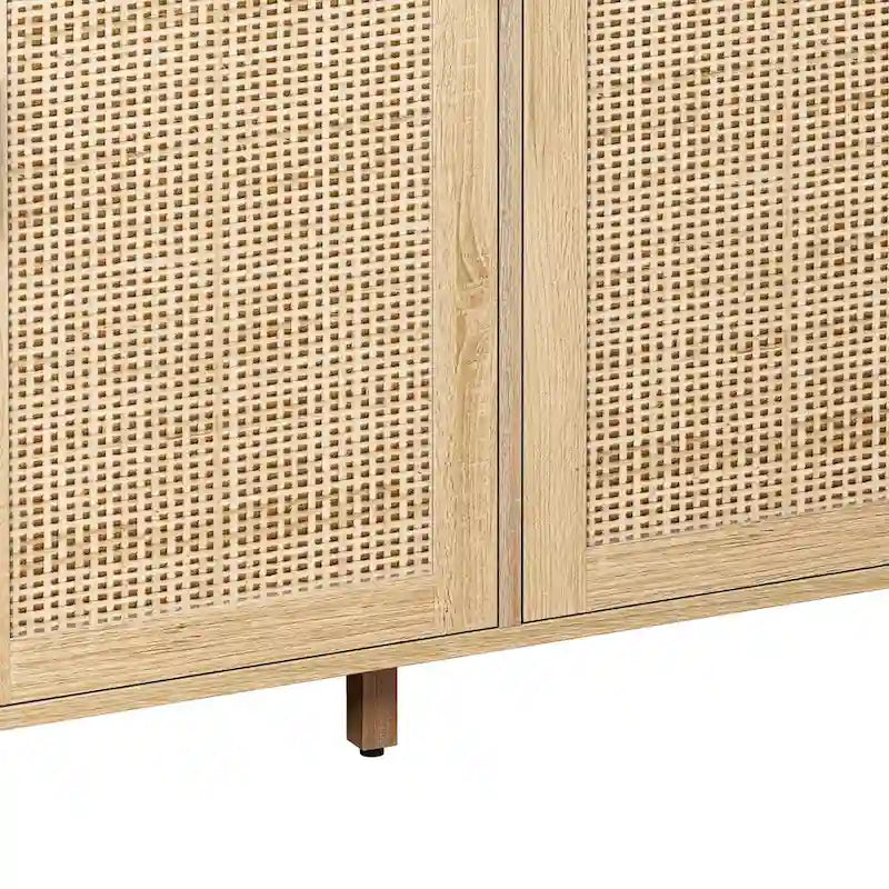 Meuble de rangement 4 portes en rotin – Naturel/noir, pieds en bois, étagère réglable