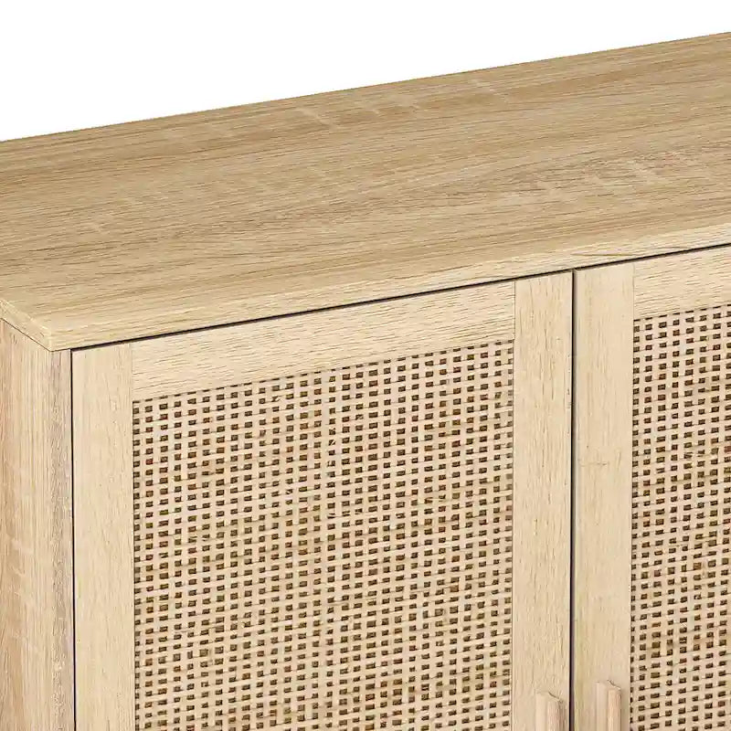 Meuble de rangement 4 portes en rotin – Naturel/noir, pieds en bois, étagère réglable