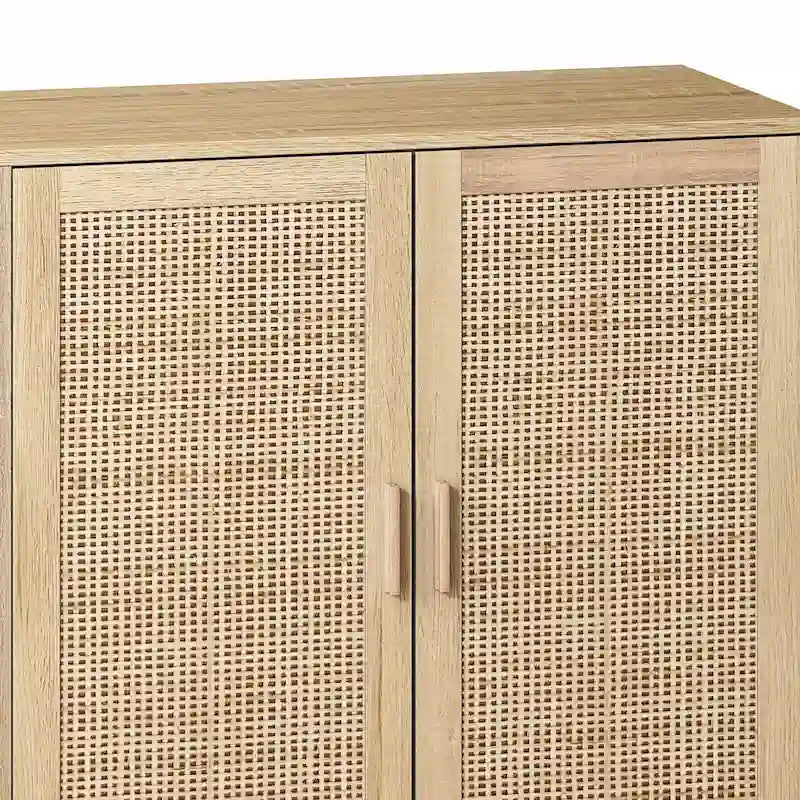 Meuble de rangement 4 portes en rotin – Naturel/noir, pieds en bois, étagère réglable