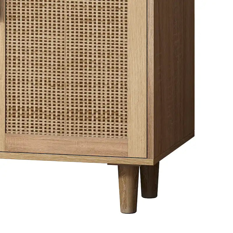 Meuble de rangement 4 portes en rotin – Naturel/noir, pieds en bois, étagère réglable