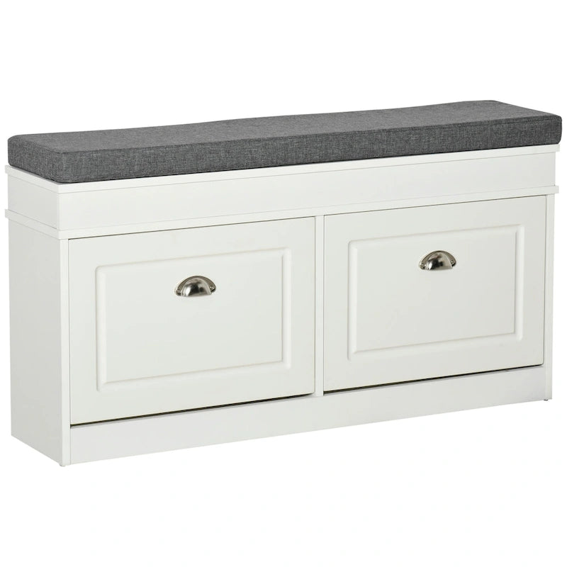 Banc à chaussures rabattable avec coussin d'assise – Blanc, 2 tiroirs, capacité 8 paires, assise 1 personne