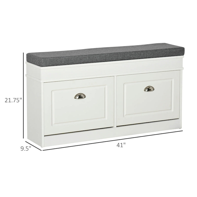 Banc à chaussures rabattable avec coussin d'assise – Blanc, 2 tiroirs, capacité 8 paires, assise 1 personne