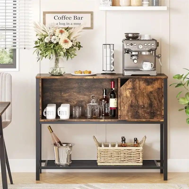 Buffet avec étagère ouverte et rangement fermé – Marron rustique/gris, cadre en métal, passe-câbles