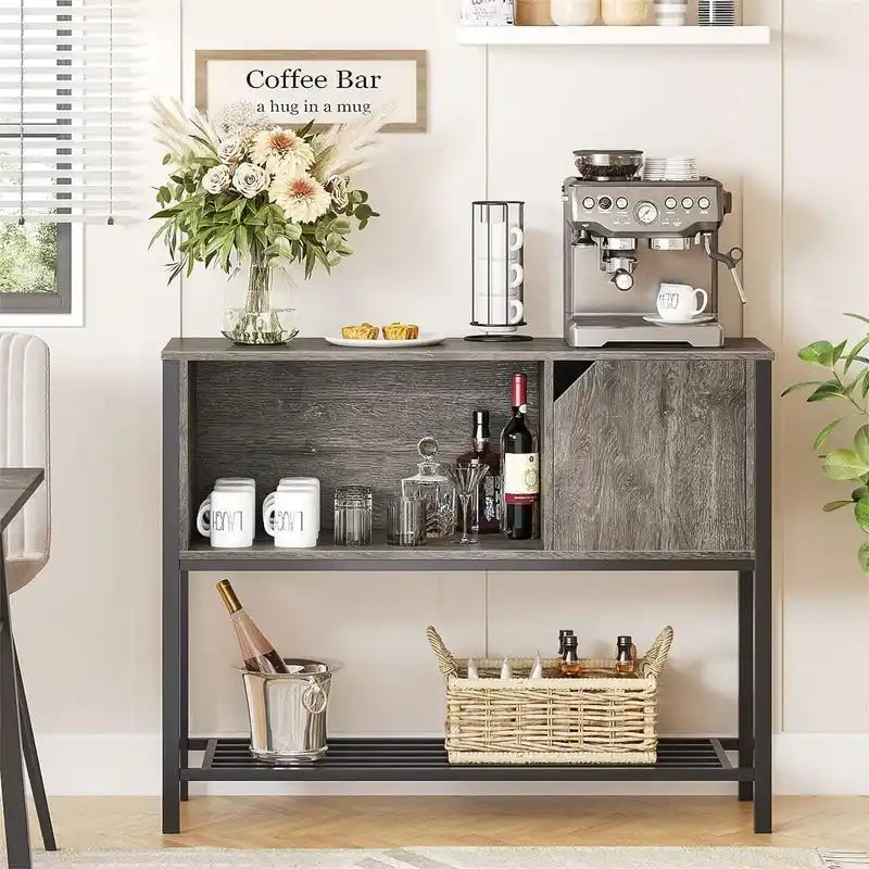 Buffet avec étagère ouverte et rangement fermé – Marron rustique/gris, cadre en métal, passe-câbles