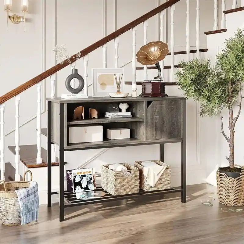 Buffet avec étagère ouverte et rangement fermé – Marron rustique/gris, cadre en métal, passe-câbles