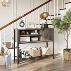 Buffet avec étagère ouverte et rangement fermé – Marron rustique/gris, cadre en métal, passe-câbles