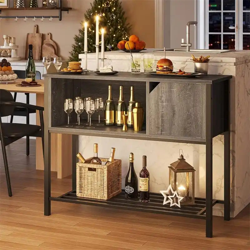 Buffet avec étagère ouverte et rangement fermé – Marron rustique/gris, cadre en métal, passe-câbles