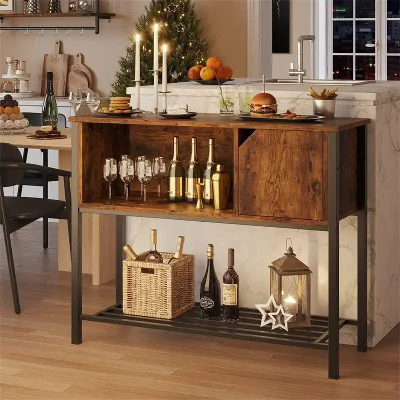 Buffet avec étagère ouverte et rangement fermé – Marron rustique/gris, cadre en métal, passe-câbles