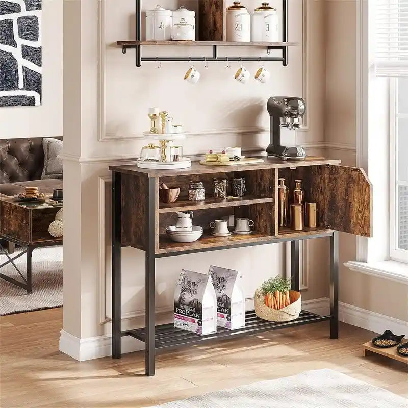 Buffet avec étagère ouverte et rangement fermé – Marron rustique/gris, cadre en métal, passe-câbles