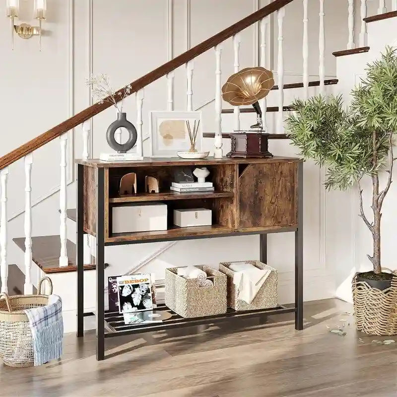 Buffet avec étagère ouverte et rangement fermé – Marron rustique/gris, cadre en métal, passe-câbles