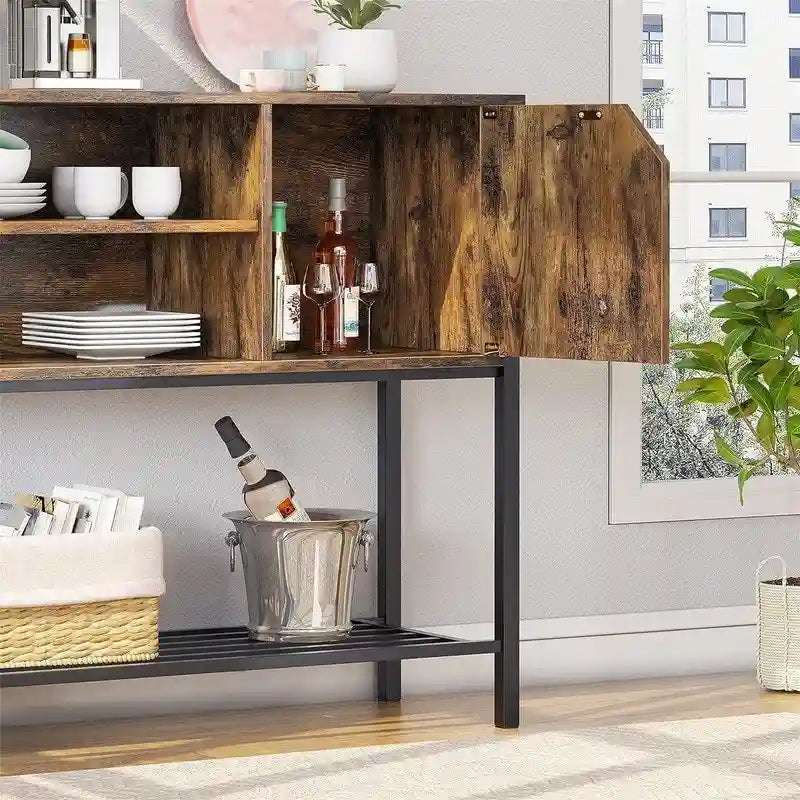 Buffet avec étagère ouverte et rangement fermé – Marron rustique/gris, cadre en métal, passe-câbles