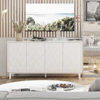 Buffet 4 portes avec motif ondulé 3D et ouverture par pression – Blanc / Noir, pieds en bois massif, style moderne