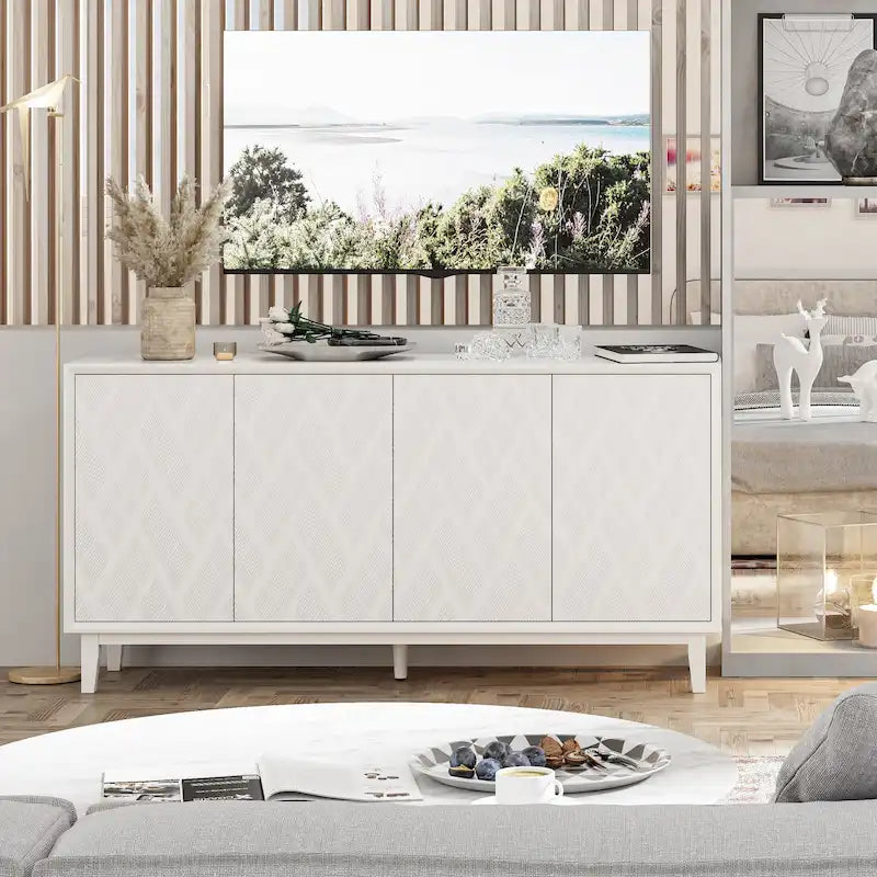 Buffet 4 portes avec motif ondulé 3D et ouverture par pression – Blanc / Noir, pieds en bois massif, style moderne