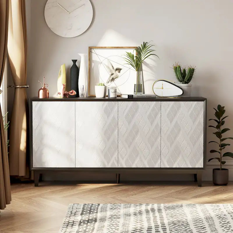 Buffet 4 portes avec motif ondulé 3D et ouverture par pression – Blanc / Noir, pieds en bois massif, style moderne