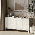Buffet 4 portes avec motif ondulé 3D et ouverture par pression – Blanc / Noir, pieds en bois massif, style moderne