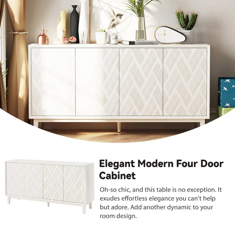 Buffet 4 portes avec motif ondulé 3D et ouverture par pression – Blanc / Noir, pieds en bois massif, style moderne