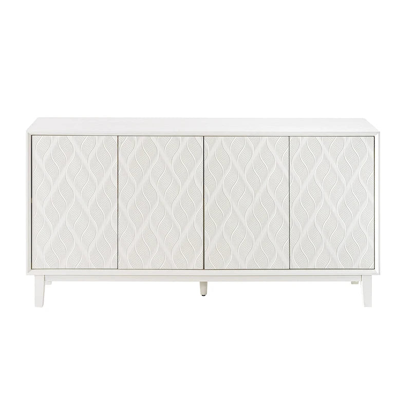 Buffet 4 portes avec motif ondulé 3D et ouverture par pression – Blanc / Noir, pieds en bois massif, style moderne