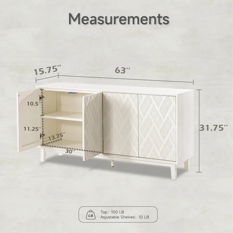 Buffet 4 portes avec motif ondulé 3D et ouverture par pression – Blanc / Noir, pieds en bois massif, style moderne