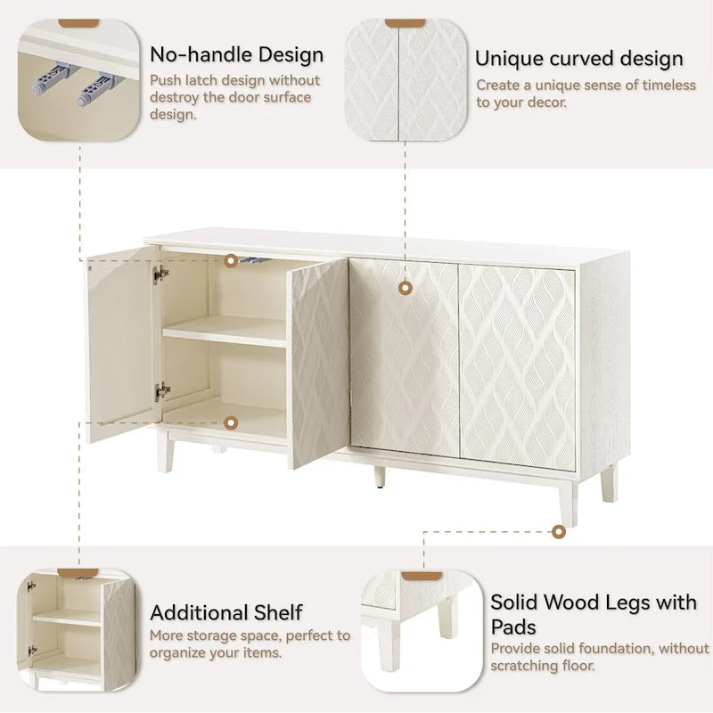 Buffet 4 portes avec motif ondulé 3D et ouverture par pression – Blanc / Noir, pieds en bois massif, style moderne