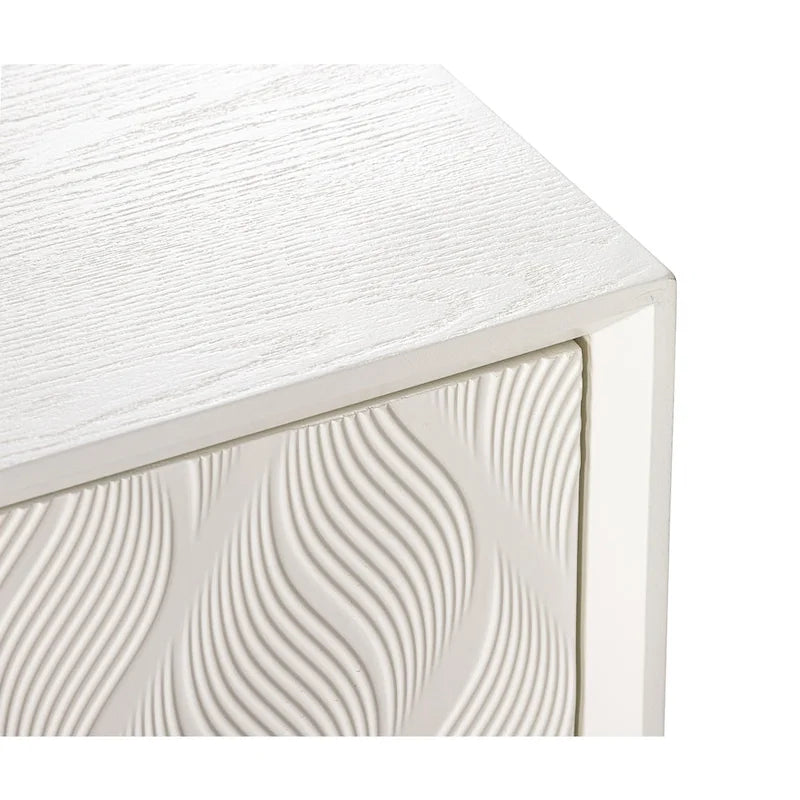 Buffet 4 portes avec motif ondulé 3D et ouverture par pression – Blanc / Noir, pieds en bois massif, style moderne