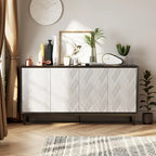 Buffet 4 portes avec motif ondulé 3D et ouverture par pression – Blanc / Noir, pieds en bois massif, style moderne