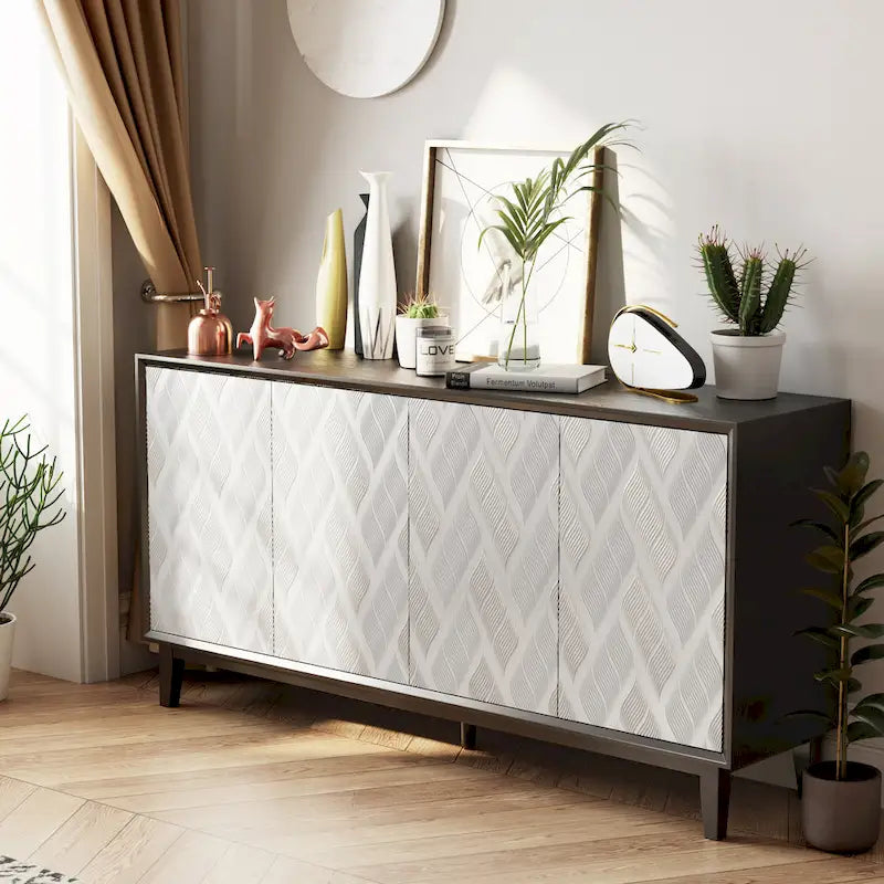 Buffet 4 portes avec motif ondulé 3D et ouverture par pression – Blanc / Noir, pieds en bois massif, style moderne