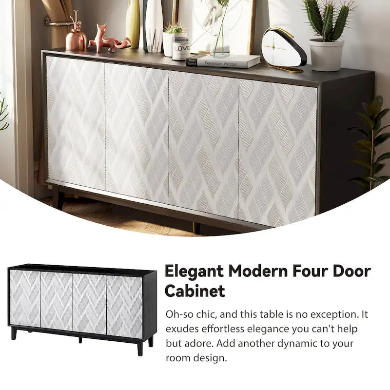 Buffet 4 portes avec motif ondulé 3D et ouverture par pression – Blanc / Noir, pieds en bois massif, style moderne