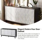Buffet 4 portes avec motif ondulé 3D et ouverture par pression – Blanc / Noir, pieds en bois massif, style moderne