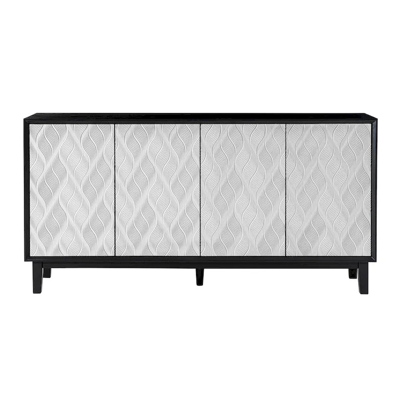 Buffet 4 portes avec motif ondulé 3D et ouverture par pression – Blanc / Noir, pieds en bois massif, style moderne