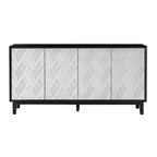 Buffet 4 portes avec motif ondulé 3D et ouverture par pression – Blanc / Noir, pieds en bois massif, style moderne