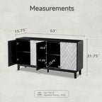 Buffet 4 portes avec motif ondulé 3D et ouverture par pression – Blanc / Noir, pieds en bois massif, style moderne