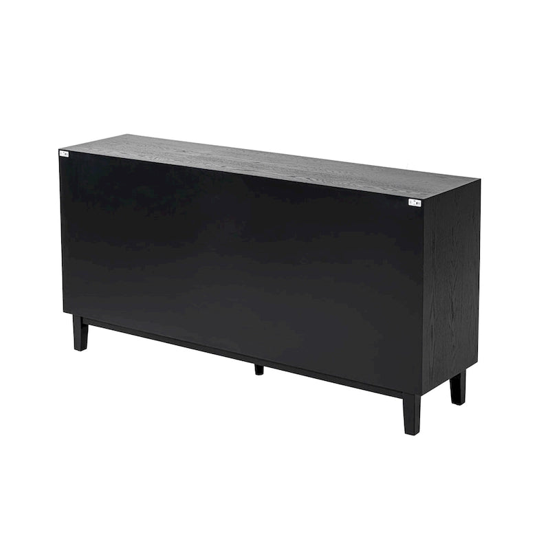 Buffet 4 portes avec motif ondulé 3D et ouverture par pression – Blanc / Noir, pieds en bois massif, style moderne