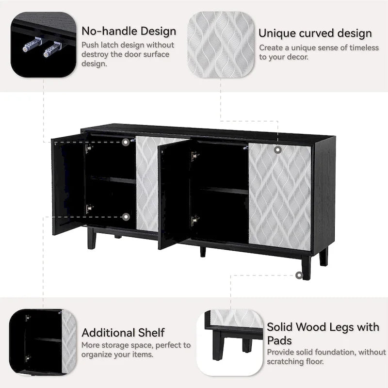 Buffet 4 portes avec motif ondulé 3D et ouverture par pression – Blanc / Noir, pieds en bois massif, style moderne