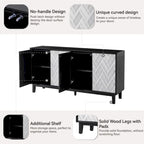 Buffet 4 portes avec motif ondulé 3D et ouverture par pression – Blanc / Noir, pieds en bois massif, style moderne